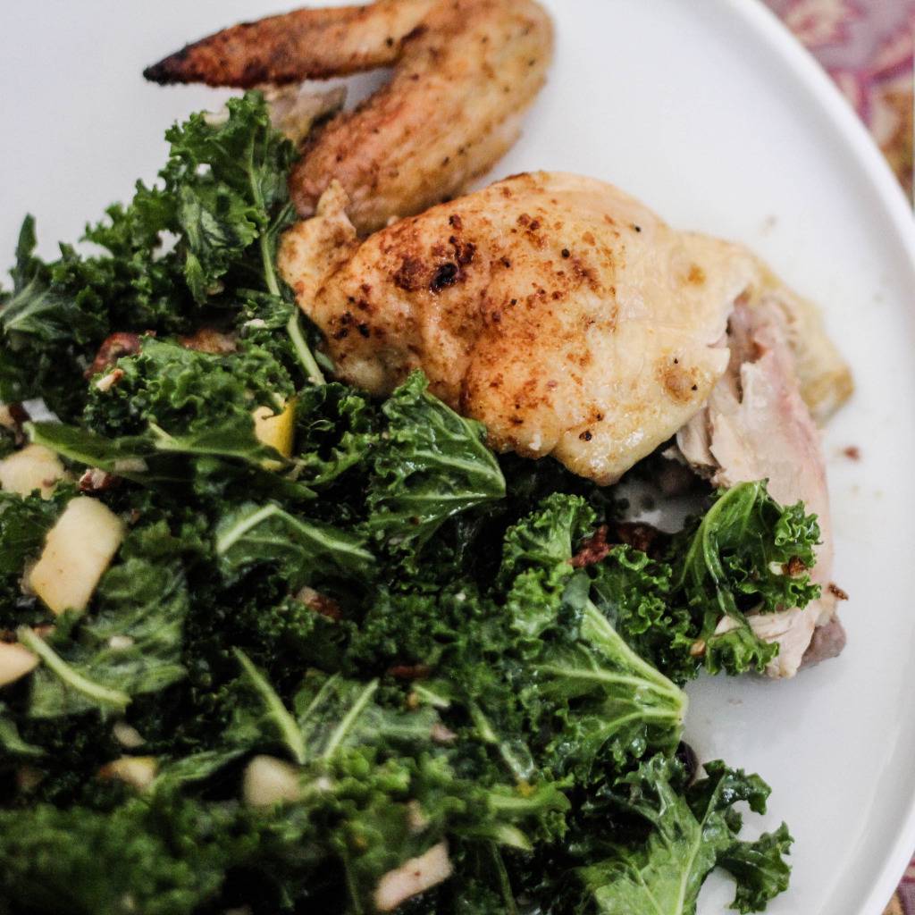 Simple Entertaining: Lemon-Coriander Roast Chicken & Kale Salad with Apples, Dried Cherries and Pecans // Runaway Apricot