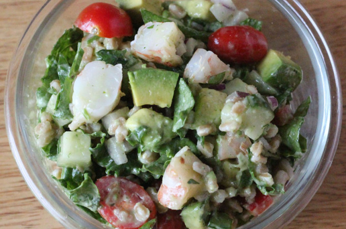 Shrimp-Avocado-Farro-Kale Salad for the ultimate summer meal prep and planning